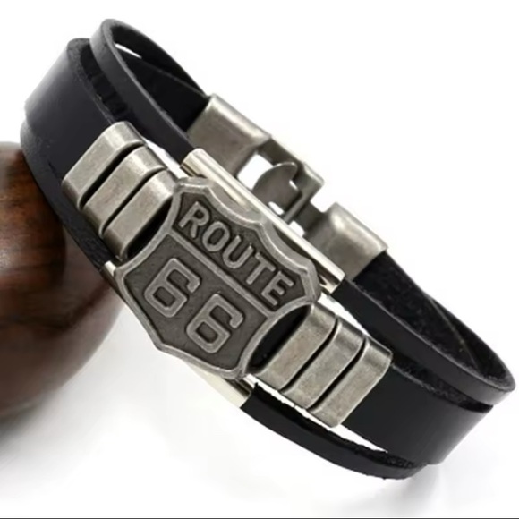 Men’s Black Genuine Leather American Route 66 Wrap Bracelet Cuff Wristband